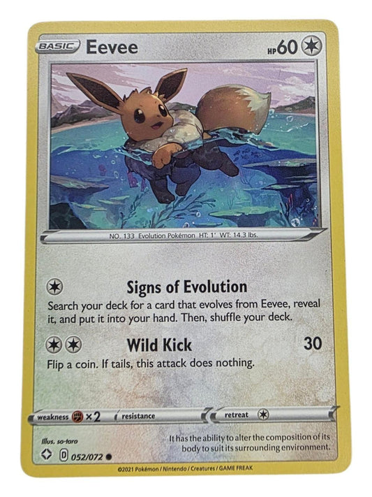 Eevee 052/072 Shining Fates Pokémon card featuring Eevee swimming in water.