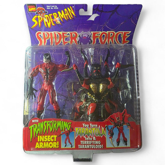 1997 Spider-Man Spider Force Tarantula action figure in its original purple and red packaging.