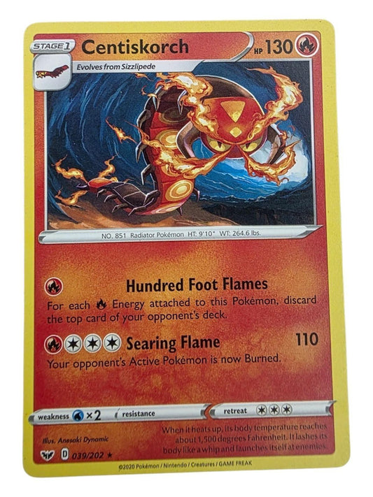 Centiskorch Pokémon card from Sword & Shield Base Set featuring fire art and attacks.