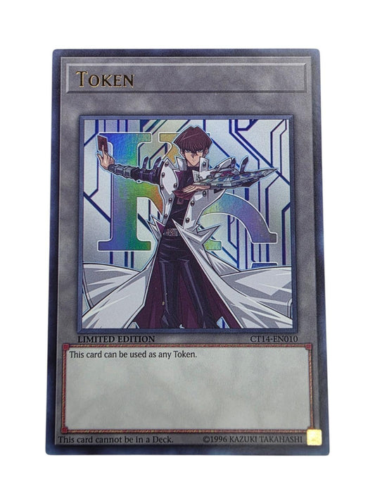 Token Super Rare Yu-Gi-Oh! trading card featuring Seto Kaiba against a holographic circuit background.