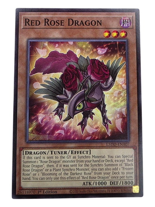 Red Rose Dragon 1st Edition Yu-Gi-Oh! card showing a dragon adorned with red roses.