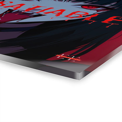 Angle view of the glossy INSATIABLE anime acrylic art piece featuring red text and a character's face.