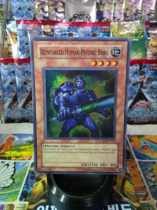Reinforced Human Psychic Borg Yu-Gi-Oh! card showing a blue cyborg holding a glowing sword.
