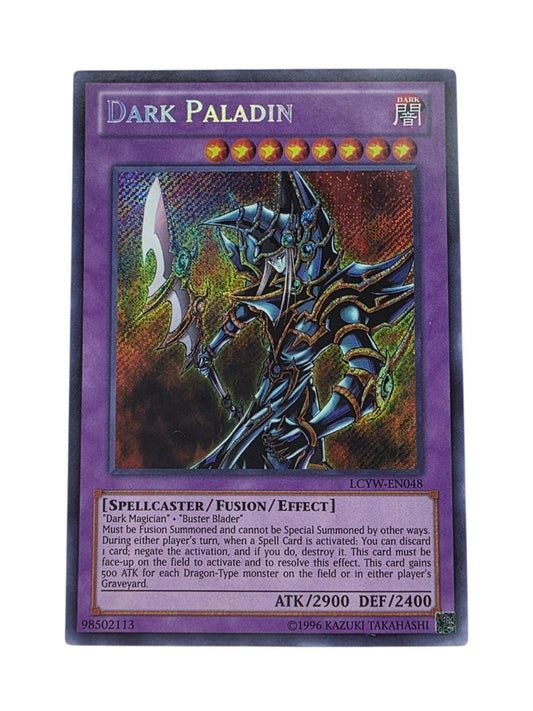 Dark Paladin Secret Rare Yu-Gi-Oh! trading card with holographic foil artwork.