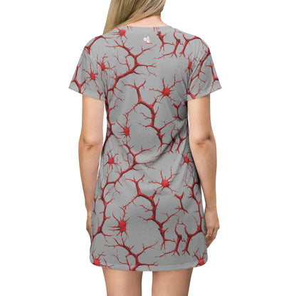 Back view of a grey t-shirt dress with an all-over red branching pattern.