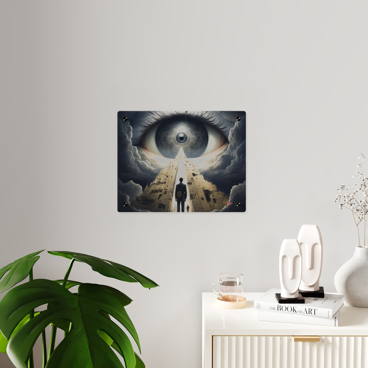 Rectangular glossy acrylic wall art showing a surreal scene with a giant eye, towering structure, and a figure.