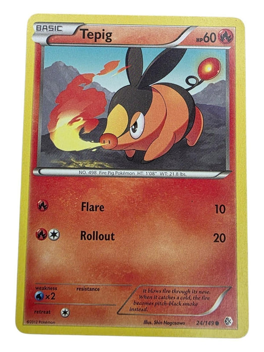Tepig 24/149 Pokémon trading card with Flare and Rollout attacks.