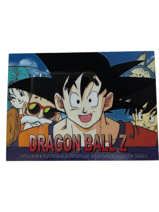 Holographic Dragon Ball Z card featuring Goku centrally, surrounded by characters against a blue sky.