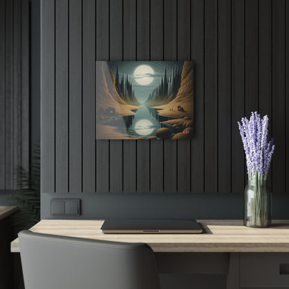 Acrylic wall art featuring a surreal landscape with a large moon over a river, hanging on a dark paneled wall.