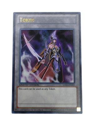 Token: Emissary of Darkness trading card from Yu-Gi-Oh! featuring a warrior in purple armor holding a sword.