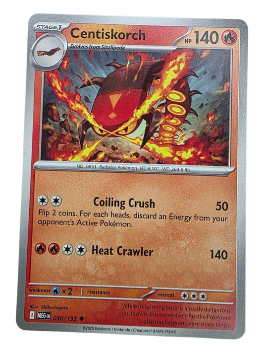 Centiskorch Uncommon Pokémon card from the Mega Evolution series, featuring artwork of the fiery centipede creature.