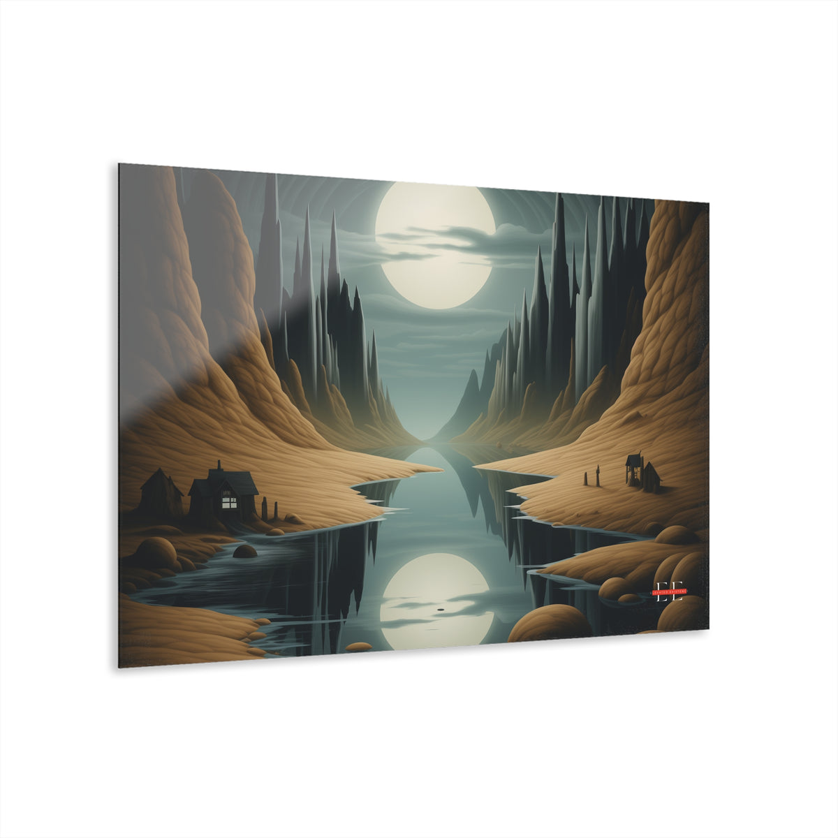 Glossy rectangular acrylic wall art depicting a surreal landscape with a river, mountains, and a large moon.
