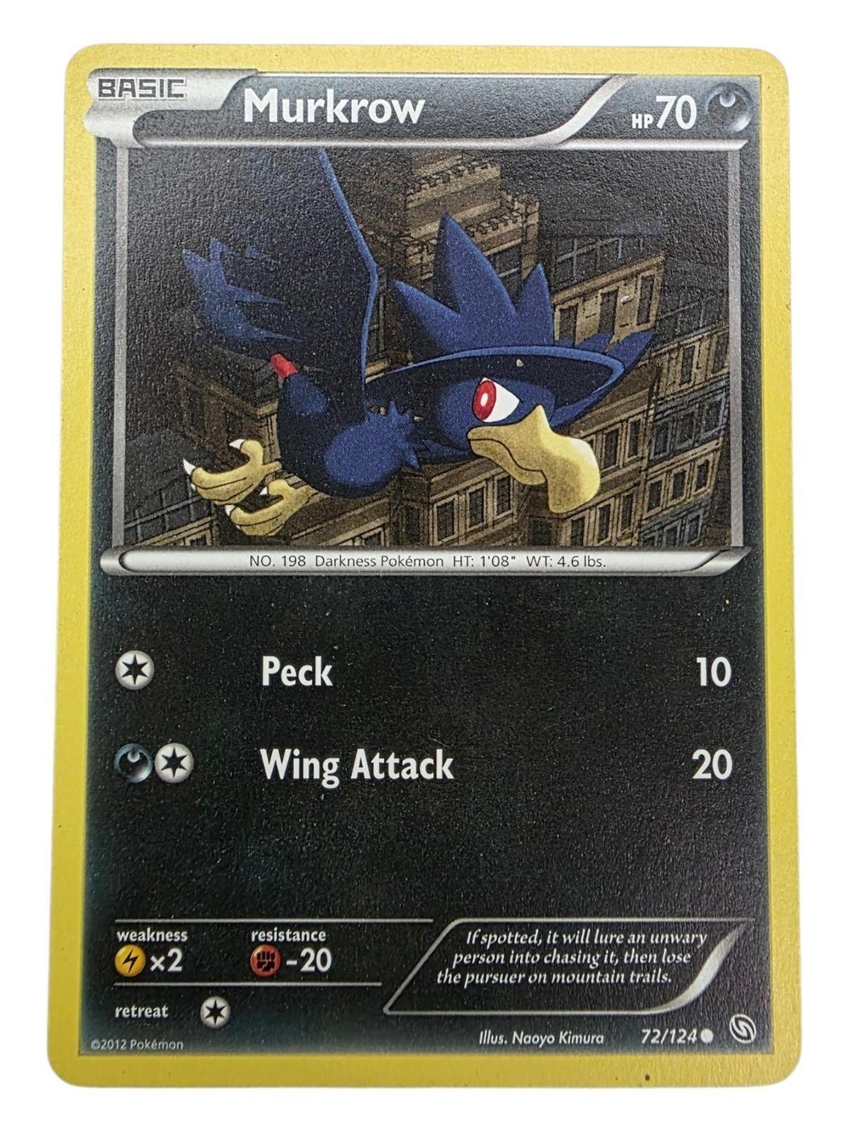 Murkrow 72/124 Pokemon trading card from Dragons Exalted featuring artwork of Murkrow flying over buildings.