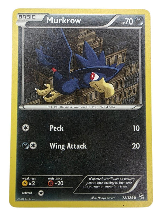 Murkrow 72/124 Pokemon trading card from Dragons Exalted featuring artwork of Murkrow flying over buildings.