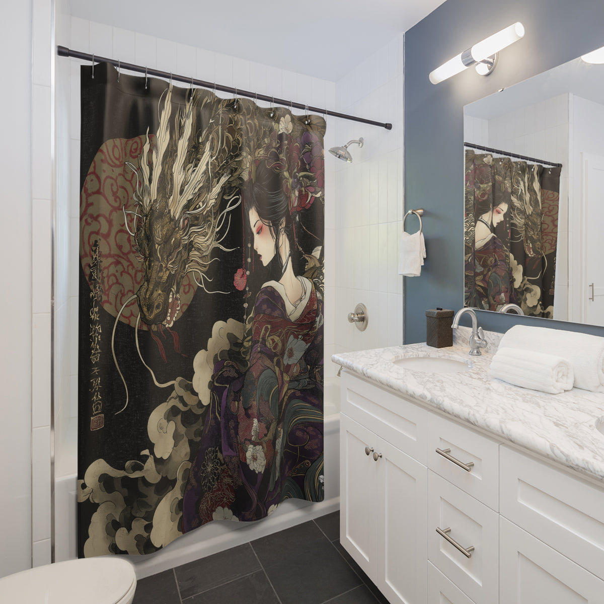 Soul Link shower curtain featuring a Japanese art print of a dragon and geisha on a dark background.