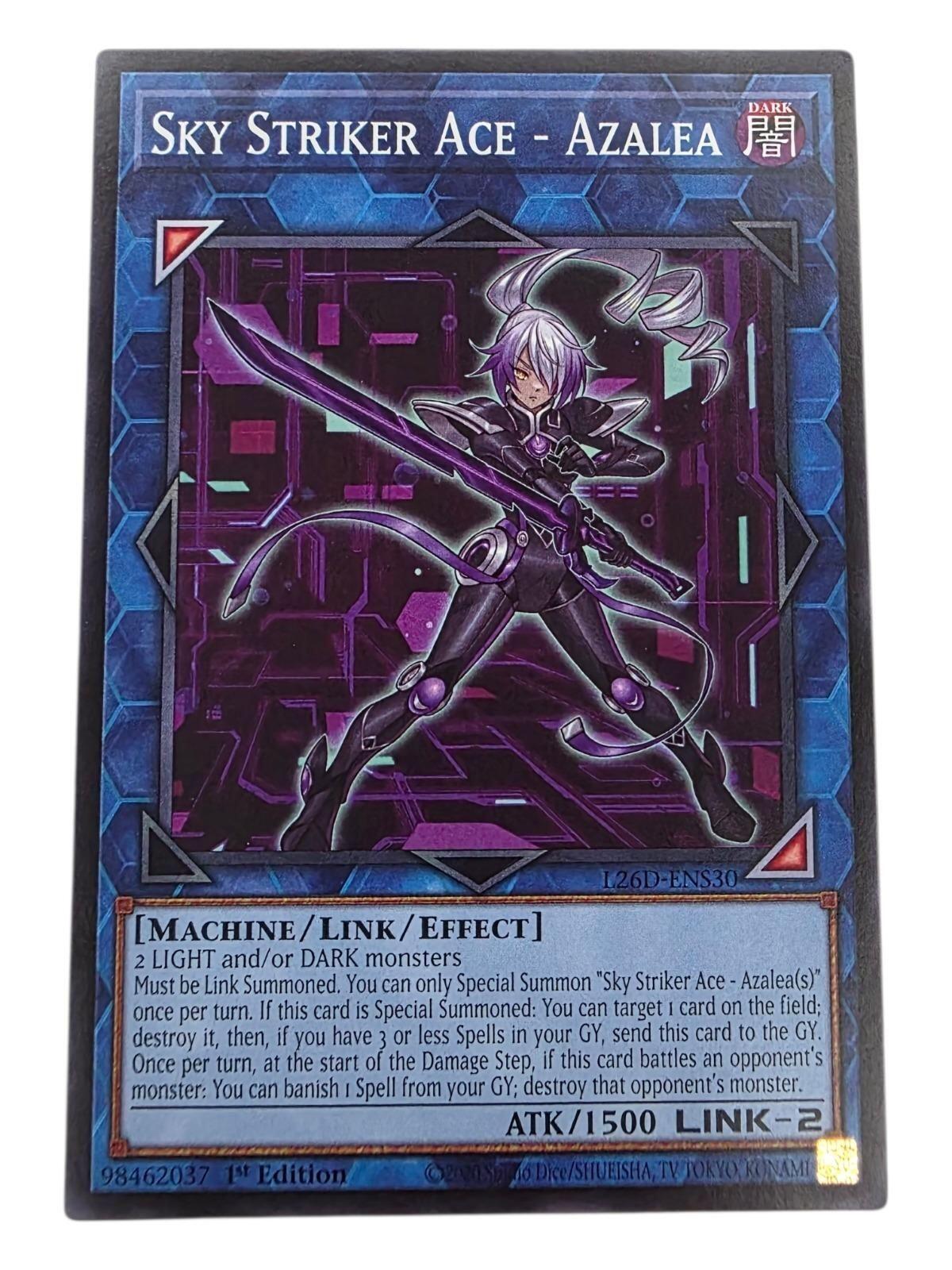 Sky Striker Ace - Azalea 1st Edition Yu-Gi-Oh! card showing a purple-haired warrior holding a sword.
