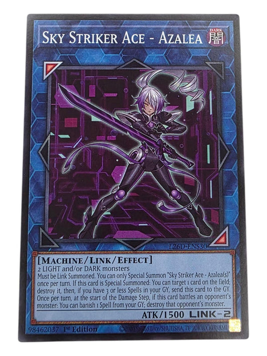 Sky Striker Ace - Azalea 1st Edition Yu-Gi-Oh! card showing a purple-haired warrior holding a sword.