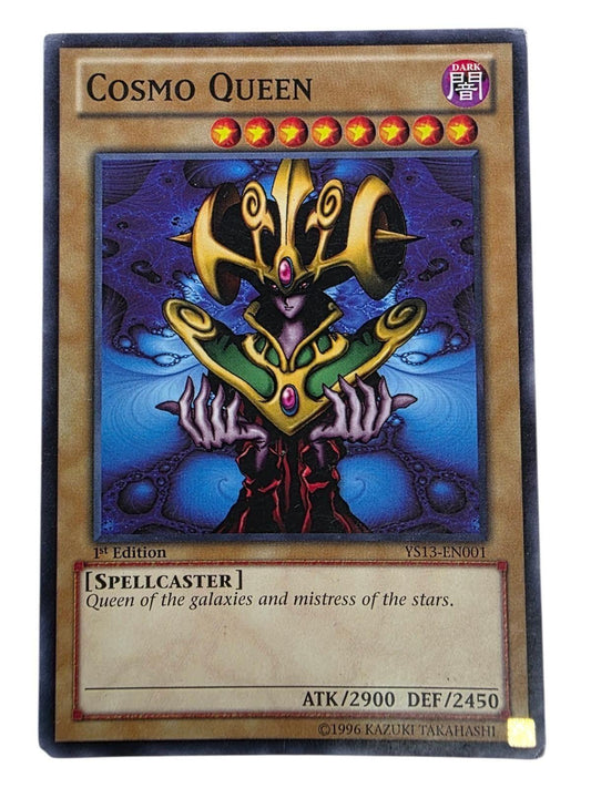 Cosmo Queen Yu-Gi-Oh! trading card featuring artwork of a queen in golden armor against a blue cosmic background.