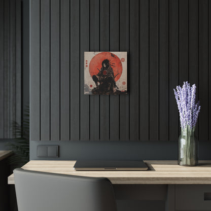 Ghost of the Uchiha acrylic wall art hanging on a black slatted wall above a desk.