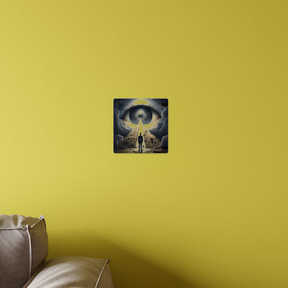 "Babylon 2035" square acrylic masterpiece hanging on a yellow wall above a grey couch.