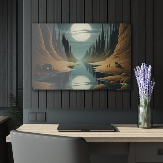 Acrylic wall art depicting a surreal landscape with mountains and a moon over water.