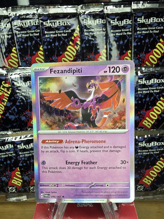 Fezandipiti holo Pokémon card featuring a bird-like creature in pink and purple art.