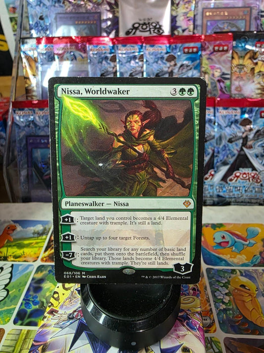 Nissa, Worldwaker green Magic card from Archenemy: Nicol Bolas on a stand.