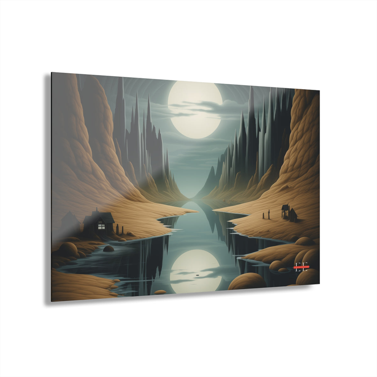 Angular view of an acrylic home decor piece depicting a surreal landscape with towering spires, a moon, and a river.