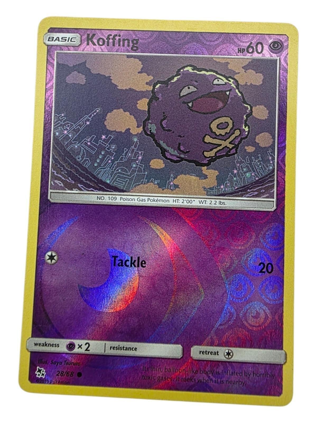 Koffing Common Hidden Fates 28/68 LP trading card with purple foil background.