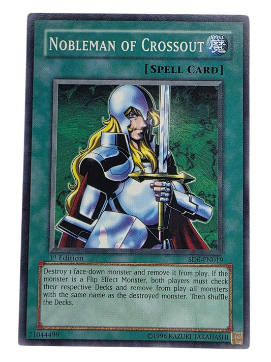 Nobleman of Crossout 1st Edition Yu-Gi-Oh! spell card featuring a knight with a sword.