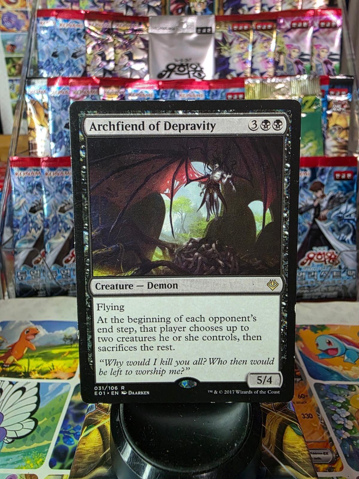 Archfiend of Depravity Magic card from Archenemy: Nicol Bolas on display.