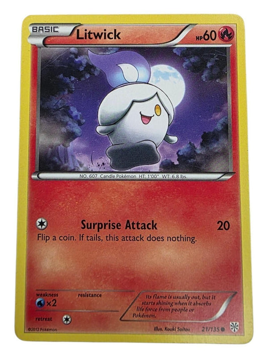 Litwick Pokémon trading card featuring artwork of the candle creature under a full moon.