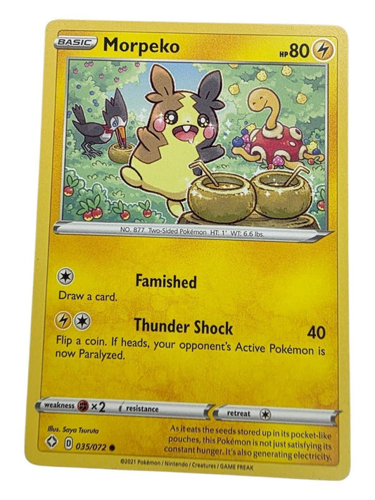 Morpeko 035/072 Common Shining Fates Pokémon card featuring artwork with Morpeko, Rookidee, and Shuckle.