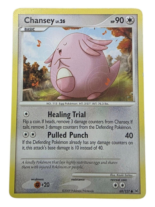 Chansey Pokémon card showing Healing Trial and Pulled Punch attacks.