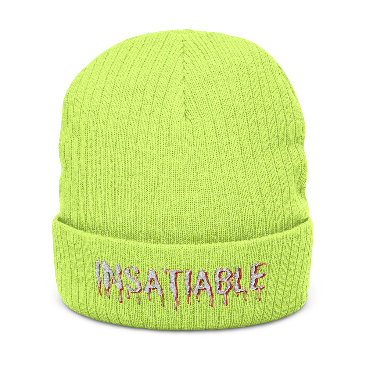 Lime green cuffed knit beanie with "INSATIABLE" embroidered in silver with red dripping effects.