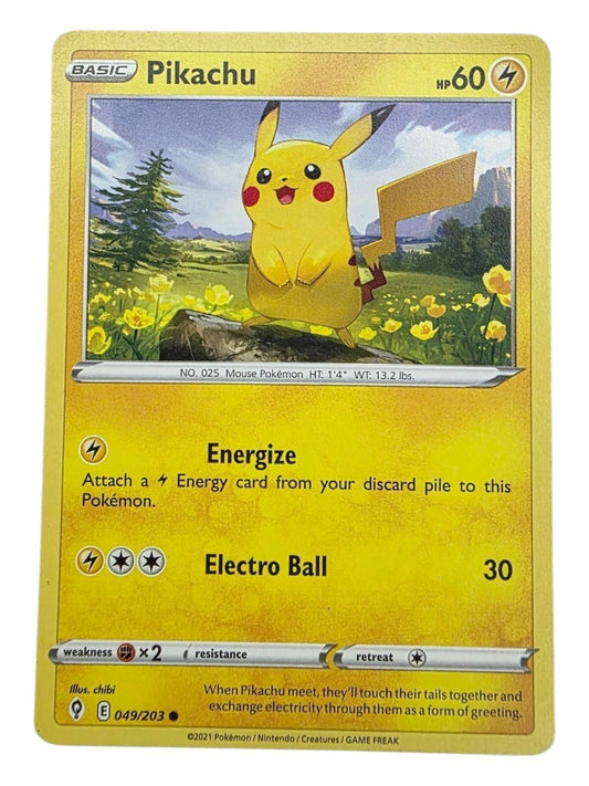 Pikachu 049/203 Pokemon card with Energize and Electro Ball attacks.