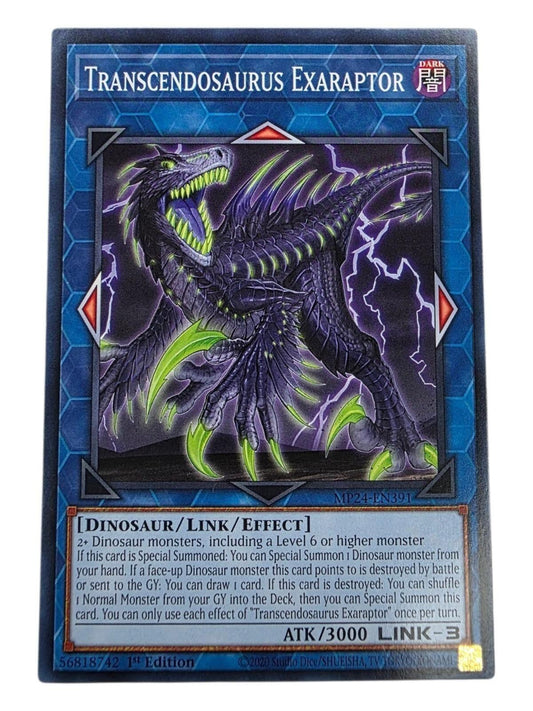Transcendosaurus Exaraptor 1st Edition common Yu-Gi-Oh! card showing a purple and green dinosaur monster.