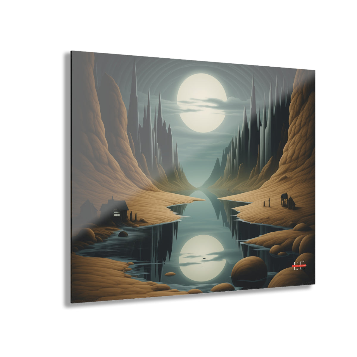 Angled view of an acrylic home decor piece featuring a surreal canyon landscape with a glowing moon.