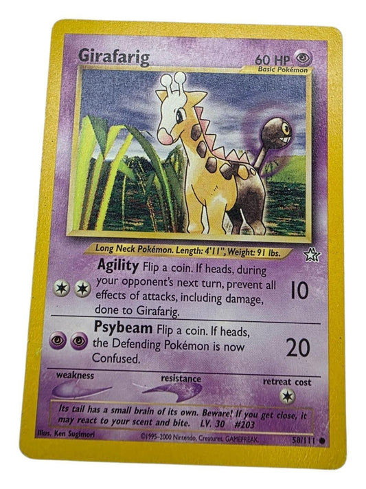 Girafarig 058/111 Neo Genesis Pokémon card with purple background and yellow border.