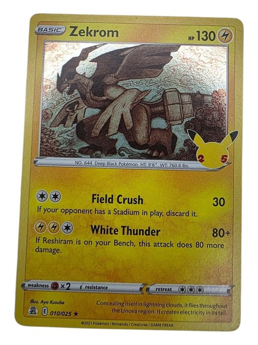 Zekrom Holo Rare Celebrations 010/025 Pokémon card with foil illustration and 130 HP.