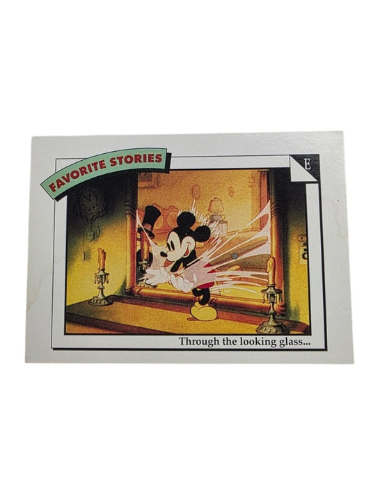 1991 Mickey Mouse trading card titled "Favorite Stories: Through the looking glass..." showing Mickey Mouse stepping through a mirror.