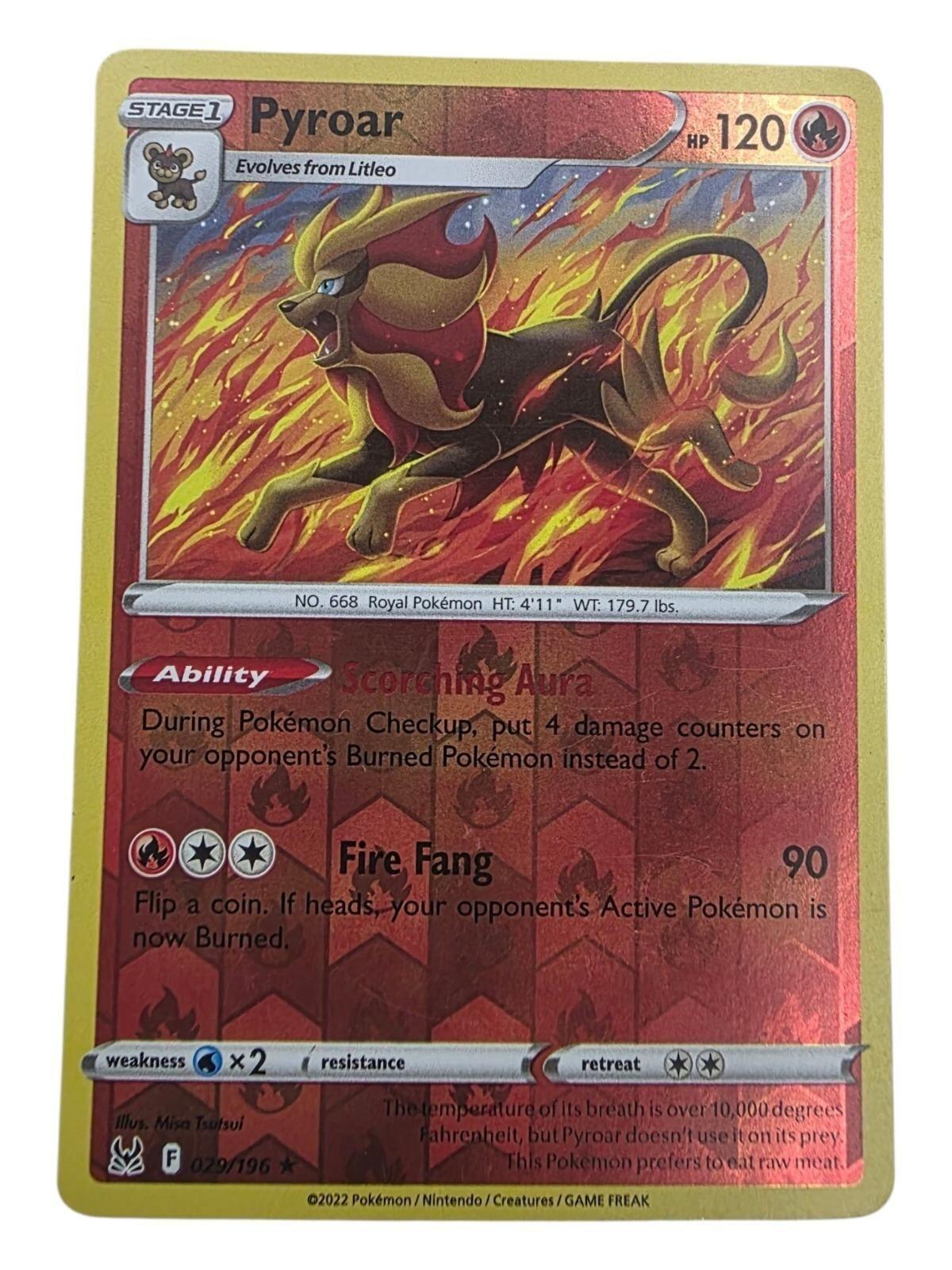 Pyroar Uncommon Pokemon card with 120 HP, featuring fire artwork and attacks.