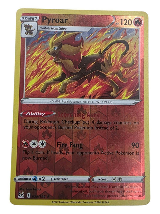 Pyroar Uncommon Pokemon card with 120 HP, featuring fire artwork and attacks.