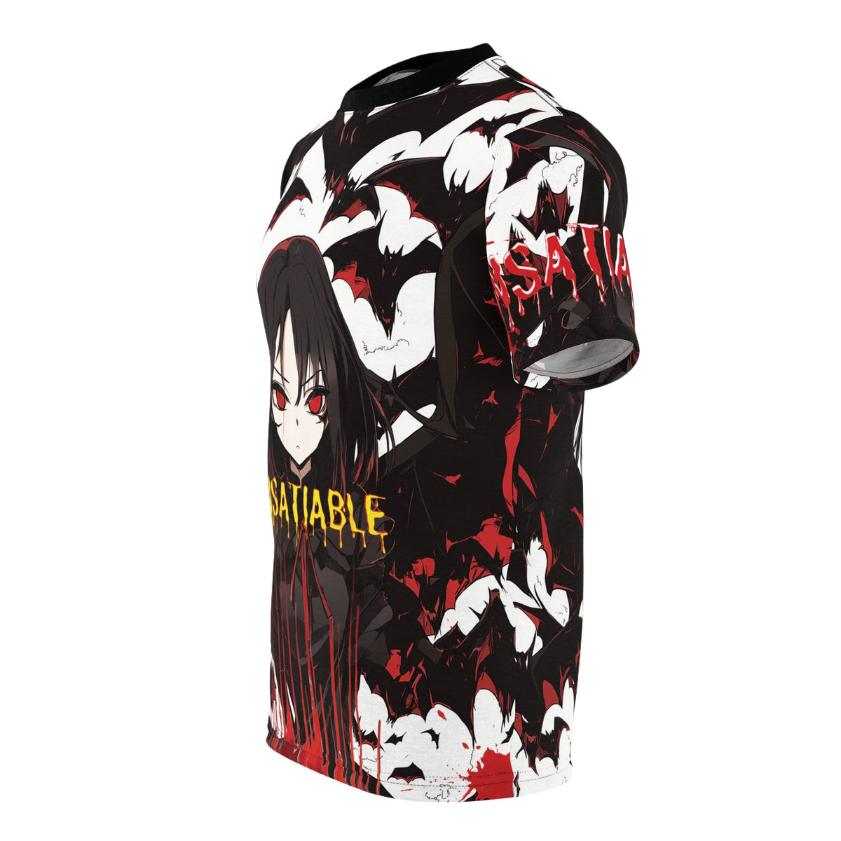 Side view of "Sudden Dispersal" Insatiable t-shirt featuring an anime character, bats, and text print.