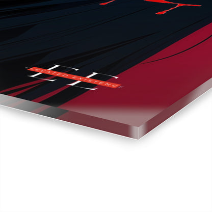 Angle view of the glossy acrylic masterpiece with black, red, and white abstract art.