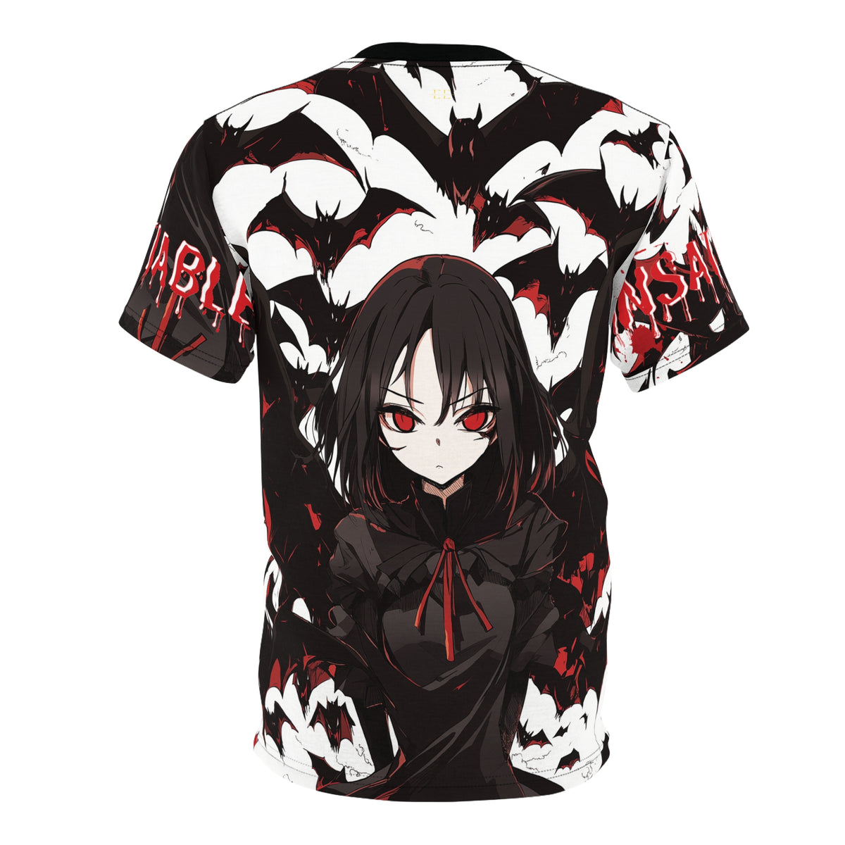 Back view of an all-over print t-shirt featuring an anime girl with red eyes amidst a swarm of black and white bats.