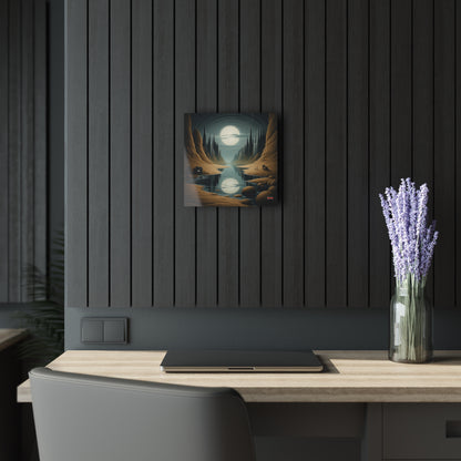 Square acrylic wall art depicting a surreal canyon landscape with a glowing moon, mounted on a dark slatted wall.