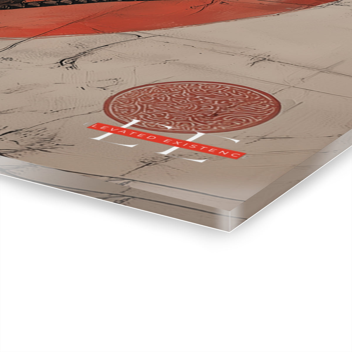 Angled view of a glossy acrylic home decor panel featuring an illustration with red and beige tones.