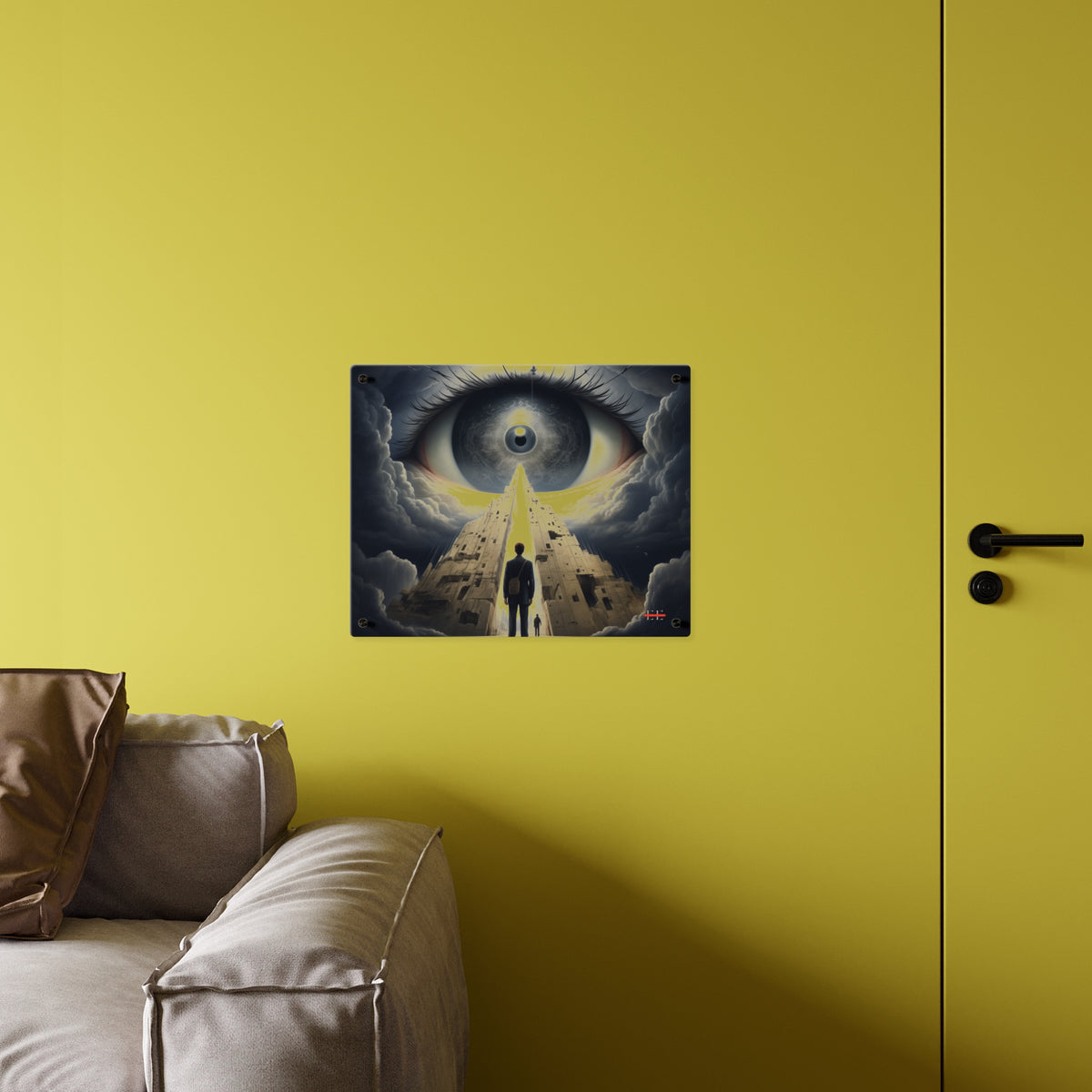A rectangular acrylic masterpiece hanging on a yellow wall above a grey couch.