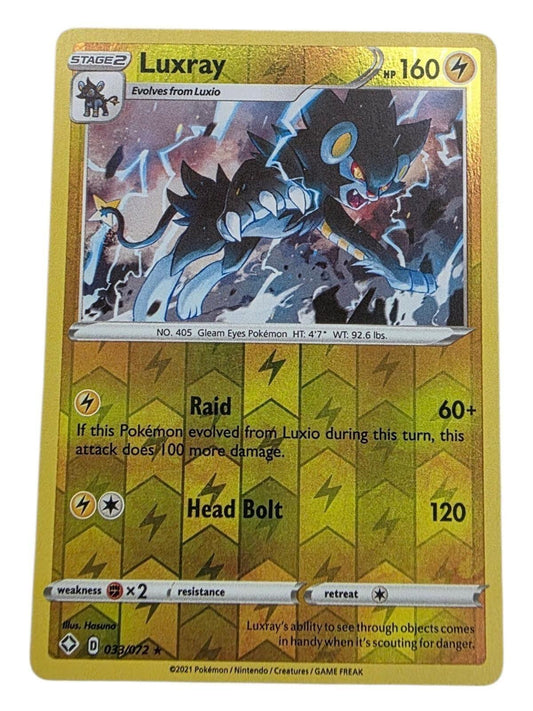 Luxray holo rare Pokémon card from the Shining Fates set, featuring a blue and black character with lightning.